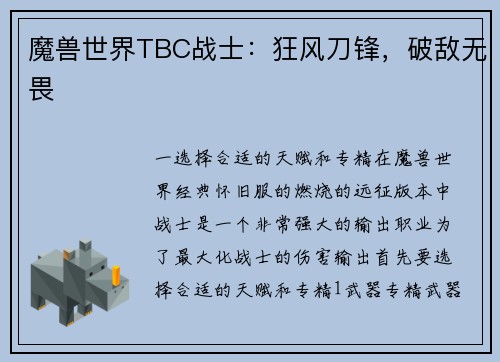 魔兽世界TBC战士：狂风刀锋，破敌无畏